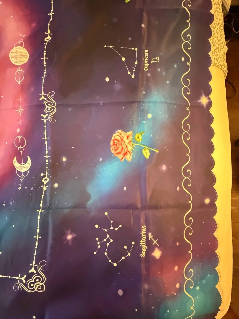 Celestial Zodiac Tablecloth 60x86 Purple Galaxy Moon Roses Scalloped
